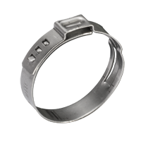 Eine silberfarbene stufenlose Einohr-Schlauchklemme aus Metall mit einem Crimp-Ohr.