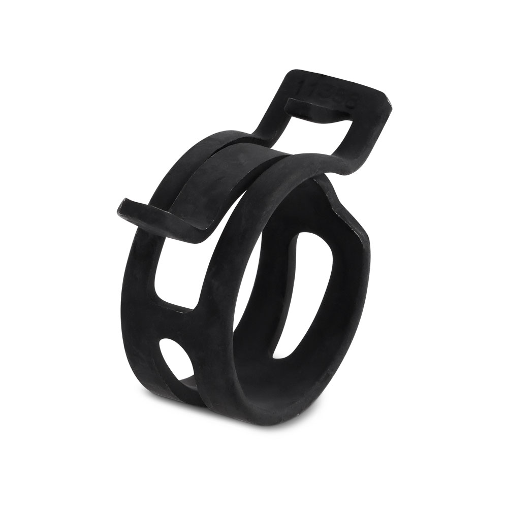 Federbandschelle FBS, schwarz, zur sicheren Schlauchbefestigung Schwarze Federbandschelle FBS aus Metall, einseitig offen, mit sichtbarer Prägung '11388', freigestellt auf weißem Hintergrund.