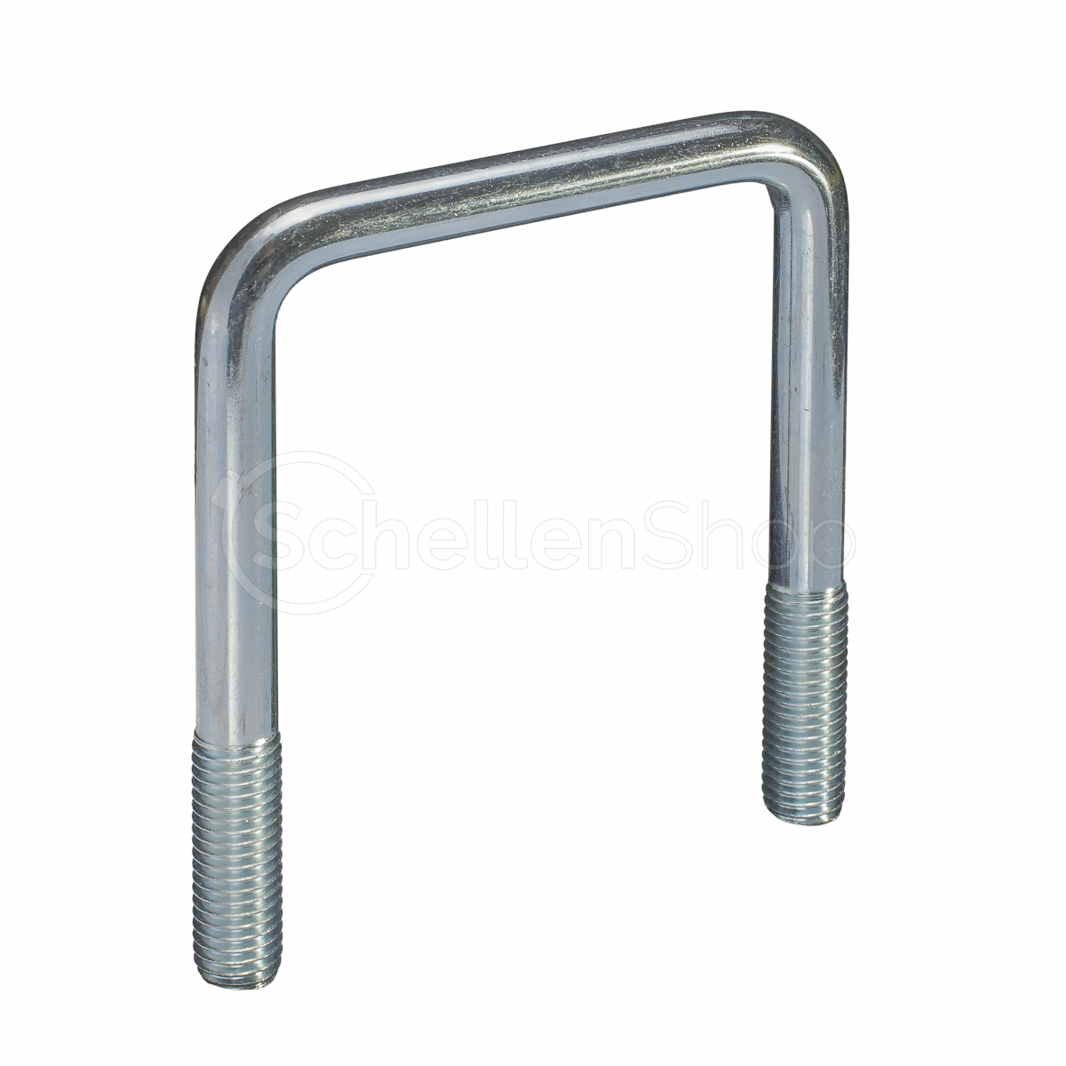 Quadratrohrbügel / Rundstahlbügel für Vierkantrohr / Bügelschelle: Robuster U-Bügel aus Metall mit Gewindeenden zur Befestigung. Ein einzelner, glänzender, silberner Quadratrohrbügel / Rundstahlbügel für Vierkantrohr / Bügelschelle in U-Form, aus Rundstahl gefertigt mit beidseitigem Gewinde an den Enden, vor weißem Hintergrund.