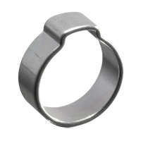 Eine silberne, metallische Einohrschlauchklemme mit einem markanten Ohr zur Sicherung von Schlauchverbindungen.